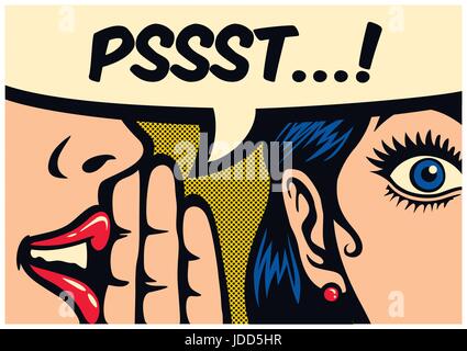 La Pop Art stile fumetto pannello gossip girl whispering in ear segreti con discorso bolla, rumor, word-of-mouth concetto illustrazione vettoriale Illustrazione Vettoriale