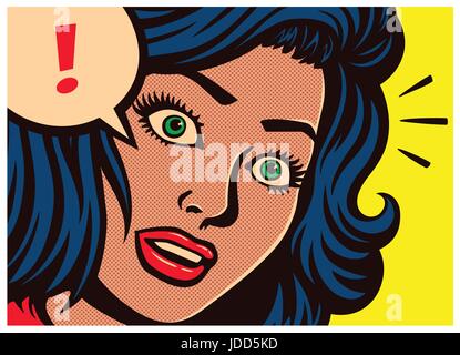 La Pop art stile pannello fumetti sorpreso ragazza con espressione vuota e discorso bolla con il punto esclamativo poster design illustrazione vettoriale Illustrazione Vettoriale