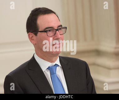 Stati Uniti Segretario del Tesoro Steven Mnuchin partecipa ad una tecnologia americana Consiglio tavola rotonda con corporate e educazione leader presso la Casa Bianca a Washington DC, Giugno 19, 2017. Credito: Chris Kleponis/CNP /MediaPunch Foto Stock