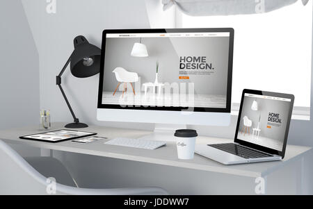 3D rendering di studio con dispositivi sensibili che mostra il design degli interni e-shop. Tutti i grafici dello schermo sono costituiti. Foto Stock