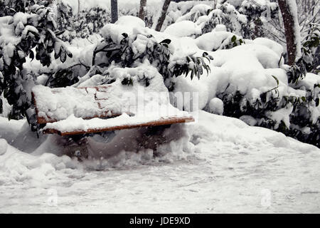 Vista di un libere banca al parco chiamato 'Macka Demokrasi Parki' dopo una forte tempesta di neve a Istanbul. Concetto di inverno. Foto Stock