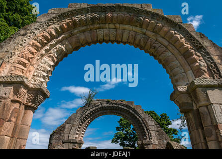 Archi in arenaria con motivi a chevron in rovina, cappella di St Baldred, giardini della Tyninghame House, East Lothian, Scozia, Regno Unito Foto Stock