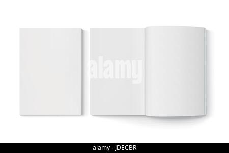 Due libri di vuoto 3d'illustrazione, uno aperto, può essere utilizzato come elemento di design, isolato sfondo bianco, vista dall'alto Illustrazione Vettoriale