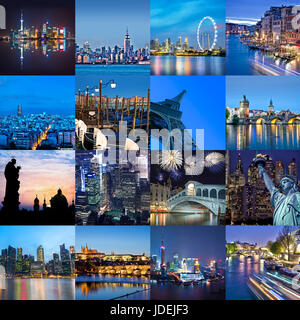 Città della parola di notte, quadrato photo collage, viaggi e turismo concept Foto Stock