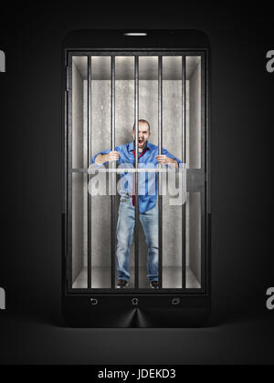 L'uomo imprigionato in un smartphone methaphoric carcere 3d rendering immagine Foto Stock