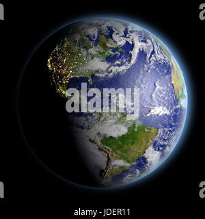 Il pianeta terra rivolta verso le Americhe illuminato dalla luce del sole di mattina. 3D illustrazione con dettagliate pianeta superficie. Gli elementi di questa immagine fornita dalla NASA. Foto Stock