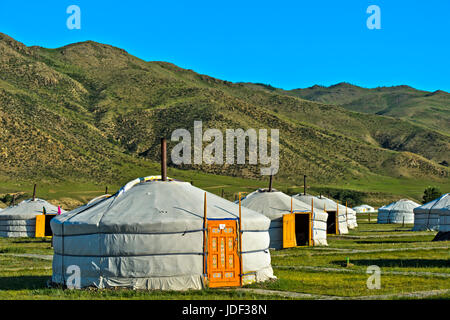 Yurta, camp nella valle Orchon vicino Charchorin, Mongolia Foto Stock
