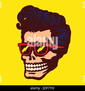 Cool cranio testa di zombie con il rockabilly pomp acconciatura e occhiali da sole tattoo, t-shirt o adesivo design rock'n'roll illustrazione vettoriale Illustrazione Vettoriale