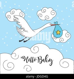 Bella cicogna con sacco a baby shower card Illustrazione Vettoriale