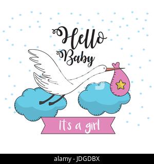 Bella cicogna con sacco a baby shower card Illustrazione Vettoriale