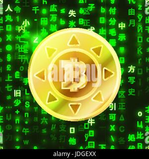 Oro Lucido bitcoin moneta sulla matrice di verde codice binario, crypto-moneta concezione illustrazione Illustrazione Vettoriale
