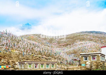 Vista sulla preghiera tibetano bandiere su una collina nel Sichuan Foto Stock