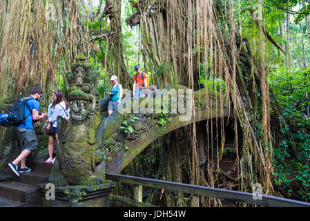 Bali, Indonesia - 2 Maggio 2017: scimmie macaco sul ponte del drago a Ubud sacro Santuario della Foresta delle Scimmie, una riserva naturale e il tempio Hindu in U Foto Stock
