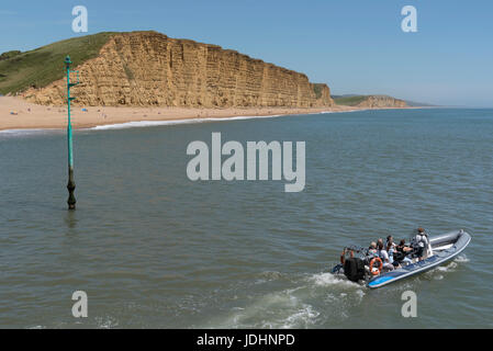 Un tour in barca la visualizzazione di spiaggia dorata e gli strati di East Cliff di West Bay su Jurassic Coast in West Dorset England Regno Unito. Giugno 2017 Foto Stock