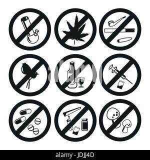 Non la droga set di icone, Marijuana narcotici, la dipendenza e la capsula, tubo di fumo, tablet farmacia, illustrazione vettoriale Illustrazione Vettoriale