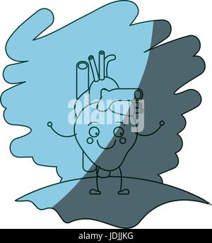 Colore blu scena di ombreggiatura in erba con silhouette caricatura sistema circolatorio con cuore Illustrazione Vettoriale