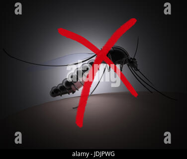 Mosquito con croce rossa segno su sfondo scuro, 3d illustrazione Foto Stock