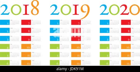 Colorato ed elegante il calendario per gli anni 2018, 2019 e 2020 in formato vettoriale Illustrazione Vettoriale