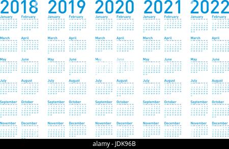 Semplice Calendario blu per anni 2018,2019, 2020, 2021 e 2022, in vettori. Illustrazione Vettoriale