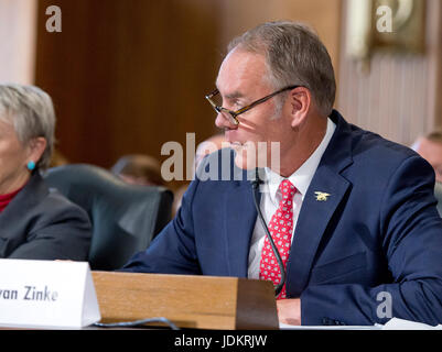 Washington, Stati Uniti d'America. Xx Giugno, 2017. Stati Uniti Segretario degli Interni Ryan Zinke appare prima del senato degli Stati Uniti di commissione per l'energia e le risorse del presidente richiesta di budget per il ministero degli Interni per l'anno fiscale 2018 sul Campidoglio di Washington, DC martedì, 20 giugno 2017. Credito: MediaPunch Inc/Alamy Live News Foto Stock