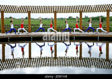 Zhangye, Zhangye, Cina. Il 21 giugno, 2017. Le donne pratica yoga presso il National Zhangye Wetland Park in Zhangye, a nord-ovest della Cina di Provincia di Gansu, Giugno 21st, 2017, marcatura International Yoga giorno. Credito: SIPA Asia/ZUMA filo/Alamy Live News Foto Stock