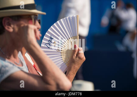 La Queen's Club di Londra, Regno Unito. Il 21 giugno 2017. Il giorno 3 del 2017 Aegon i campionati di tennis a ovest di Londra, gli spettatori si raffreddi a guardare il centro corte corrispondono con numero 7 seme Tomas BERDYCH (CZE) giocando Denis Shapovalov (CAN) in sera sun. Credito: Malcolm Park / Alamy Live News Foto Stock