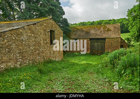 Granai in pietra in una valle alto sul Cotswold scarpata nei pressi del villaggio di Cutsdean Foto Stock