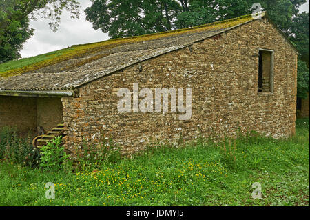 Granai in pietra in una valle alto sul Cotswold scarpata nei pressi del villaggio di Cutsdean Foto Stock