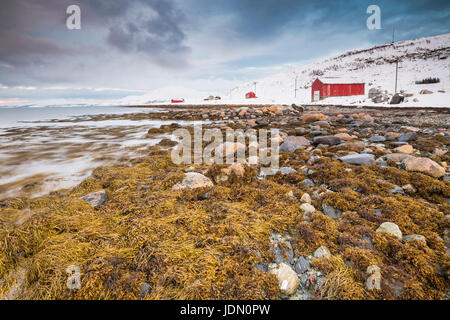 Tipici norvegesi calda e accogliente casa situata sulla riva del lago a un fiordo nel Troms County, Norvegia. Il sole è st basso sopra l'orizzonte ed il cielo è c Foto Stock