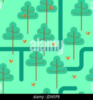 Forest seamless pattern. Ornamento del parco. Alberi e scoiattoli sfondo. bambini texture di tessuto Illustrazione Vettoriale