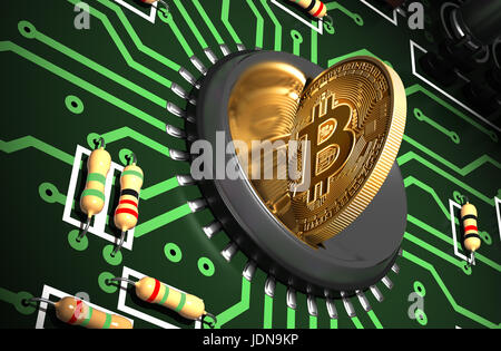 Mettere Bitcoin in Coin Slot sulla scheda madre di verde e la creazione di forma di cuore con la riflessione Foto Stock