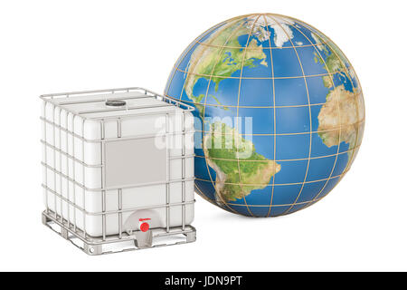 Intermediate Bulk Container con globo terrestre. Il trasporto di liquidi in tutto il mondo, rendering 3D isolati su sfondo bianco Foto Stock