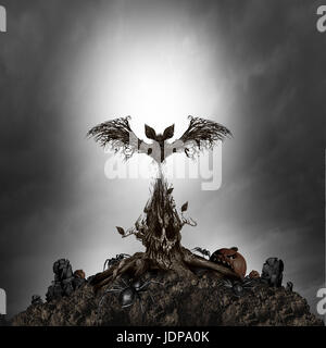 Scary monster ad albero concetto come creepy notte oscura orrore in scena con un mutante di vivente pianta conformata come un male il cranio e la haunted ghost bat. Foto Stock