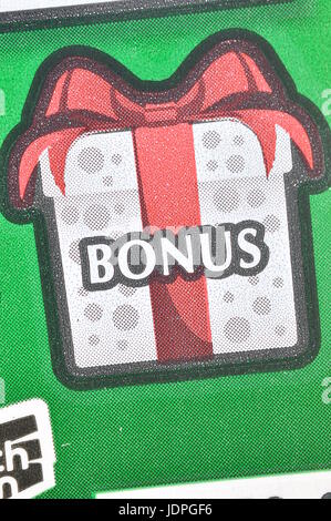 Coquitlam BC Canada - 19 Dicembre 2015 : Vicino la sezione bonus sul biglietto della lotteria. La British Columbia Lottery Corporation ha fornito il governo s Foto Stock