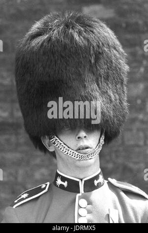 Un Welsh guardsman sul dovere al di fuori di St James's Palace di Londra. Le temperature di nuovo aumentato vertiginosamente in anni ottanta come l'ondata di caldo ha continuato. Foto Stock