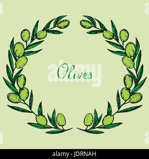 Il verde di rami di olivo, olio d'oliva design etichetta con iscrizione, xilografia stile design, disegnati a mano doodle, schizzo in pop art style, illustrazione Illustrazione Vettoriale