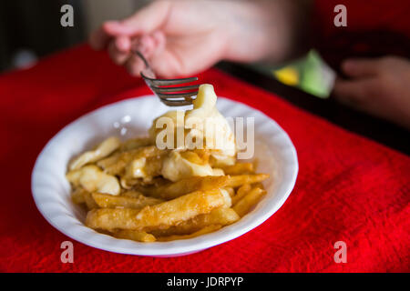 Poutine quebec pasto con le patatine fritte con sugo di carne e formaggio la cagliata Foto Stock