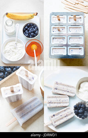 Mirtillo miele yogurt gelato popsicles passo dopo passo Foto Stock