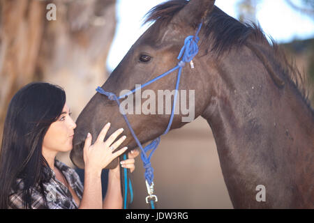 Giovane donna kissing cavallo del naso Foto Stock