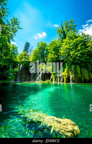 Una delle tante cascate presso il Parco Nazionale dei Laghi di Plitvice Foto Stock