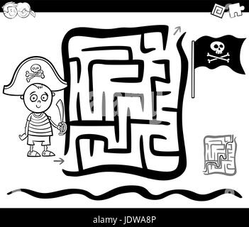 Bianco e Nero Cartoon illustrazione del labirinto di istruzione o labirinto gioco per bambini con Pirate Boy Pagina di colorazione Illustrazione Vettoriale