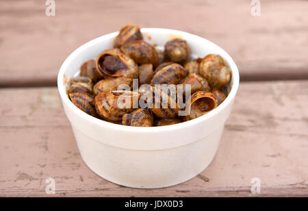 Cucina tradizionale maltese. Le lumache sul piatto di plastica bianca servita con origine maltese. Festa nella città di Qormi, Malta cucina aperta. Tipico spuntino maltese Foto Stock