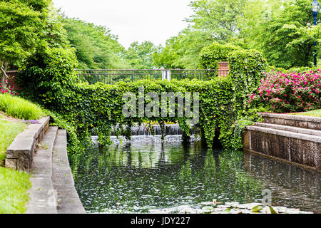 Carroll Creek in Frederick, Maryland city park con canal e fiori sul ponte in estate Foto Stock