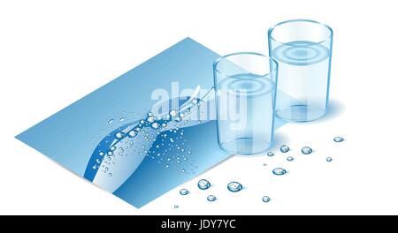 Corte di vetro blu su sfondo chiaro con spruzzi e gocce Illustrazione Vettoriale