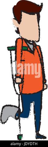 Cartoon uomo piede con gesso medici disabilità a camminare sulle stampelle Illustrazione Vettoriale