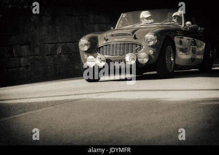 GOLA DEL FURLO, Italia - 19 Maggio: Austin Healey 100/6 1957 su una vecchia macchina da corsa nel rally Mille Miglia 2017 il famoso storico italiano della gara (1927-1957 Foto Stock