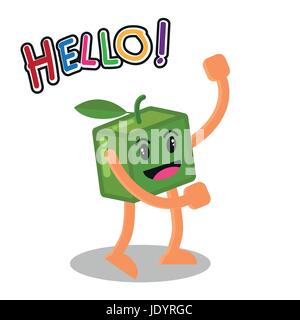 Sorridente Mango Fruit mascotte cartoon Character, frutta felice isolato su sfondo bianco con testo Ciao, illustrazione vettoriale. Illustrazione Vettoriale