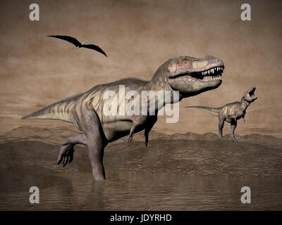 Due Tyrannosaurus rex dinosauri a piedi con pteranodon uccelli che vola su nel paesaggio desertico, in stile vintage - 3D render Foto Stock