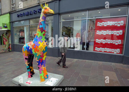 Hamilton, Scotland, Regno Unito. 22 giugno. Il grande Stampede, arte e fauna selvatica in Hamilton.Un 'Wild in arte' evento che vede l'arte locale e aziende si uniscono per produrre colorate sculture per il periodo estivo che costellano la città su un sentiero di scoperta e mappa free da Information Center. Mentre molti artisti locali, le imprese e gli animali sono disponibili, la Tunnock teacakes della giraffa attira molto interesse nazionale,lancio ufficiale da Venerdì giugno 23rd. Credito traghetto Gerard/Alamy news Foto Stock