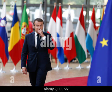 Bruxelles, Belgio. Il 22 giugno, 2017. Il Presidente francese Emmanuel Macron arriva a partecipare a una due giorni di Summit Ue a Bruxelles, Belgio, 22 giugno 2017. Credito: Voi Pingfan/Xinhua/Alamy Live News Foto Stock